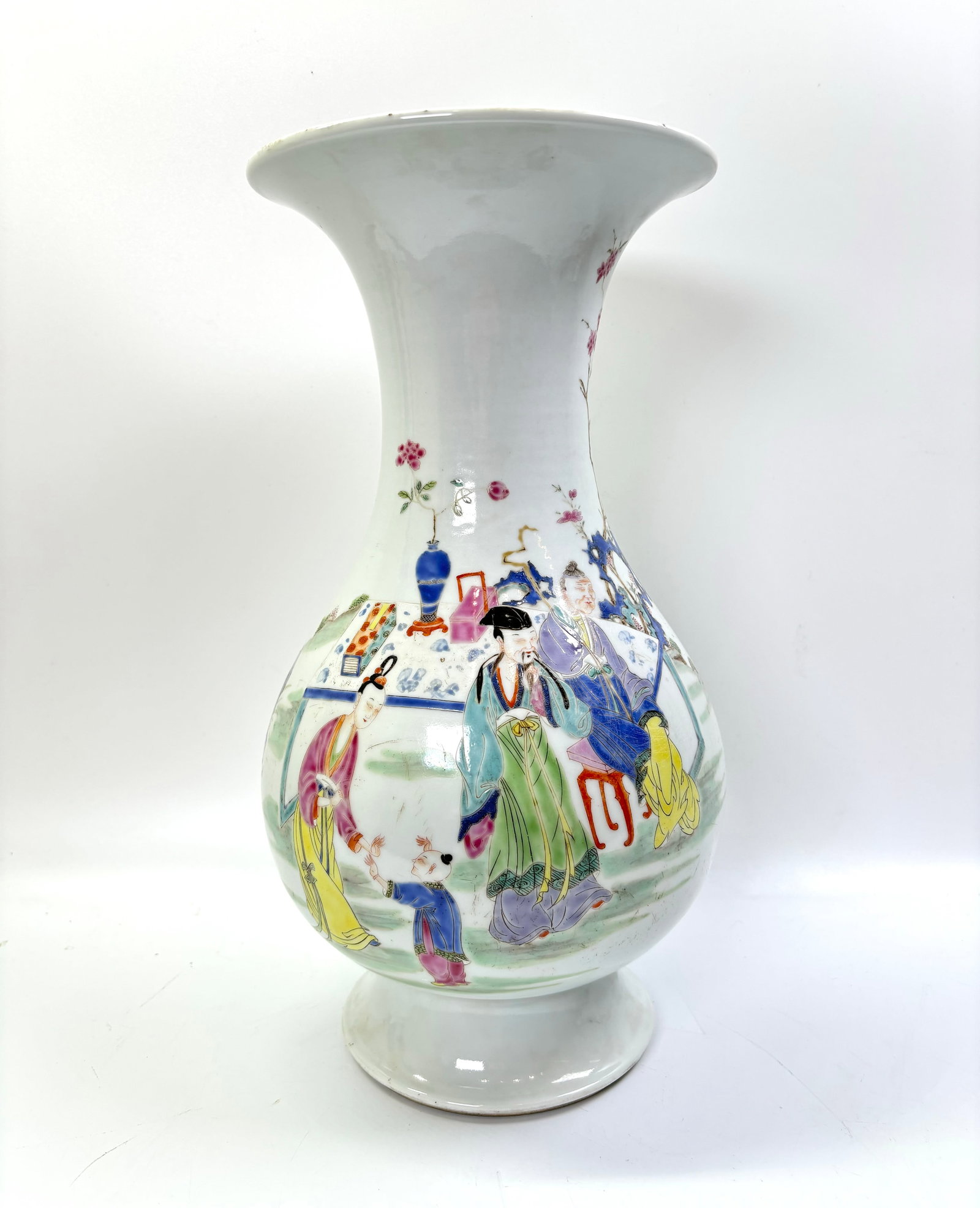 Fine Chinese 18th C Famille Rose Porcelain Vase: Fine Chinese early 18th Century Famille Rose Enameled Porcelain Vase with a Domestic Garden scene with an Official, Old Mother, Beautiful Lady and 3 Boys with Farmer all surrounded by auspicious objec