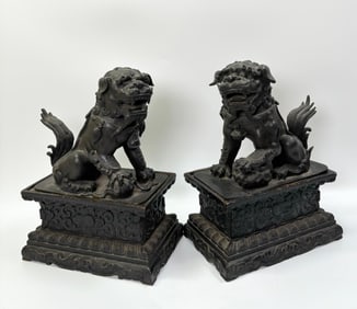 Pr Chinese Bronze Fu Lions; Wood Stands