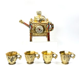 Chinese Archaistic Hard Stone & Gilt Pot; 4 Cups