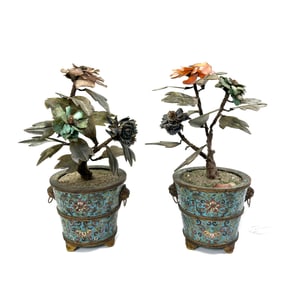 Pr Chinese Qing Cloisonne & Hard Stone Planters