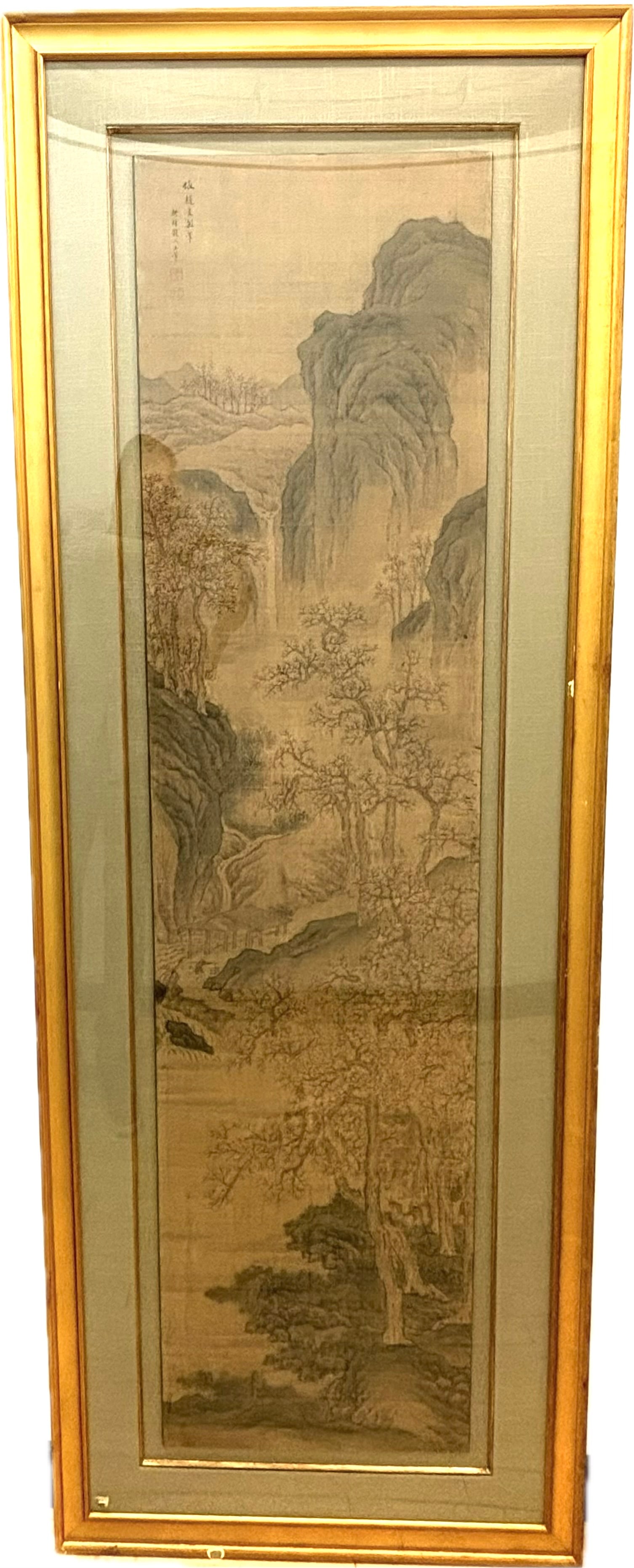 Wang Hui (Sign), Chinese Mountain Landscape Silk Painting: Wang Hui (Sign), Chinese Mountain Waterfall Landscape Painting in ink and colors on silk with trails along the water with Farmer and a Traveler on donkey; ink inscription to upper left edge with 2 sma