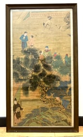 Chinese Ming Painting on Silk Figures in Gardens