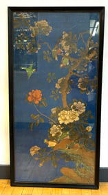 Chinese 18th C Birds Flowers Painting Blue Ground