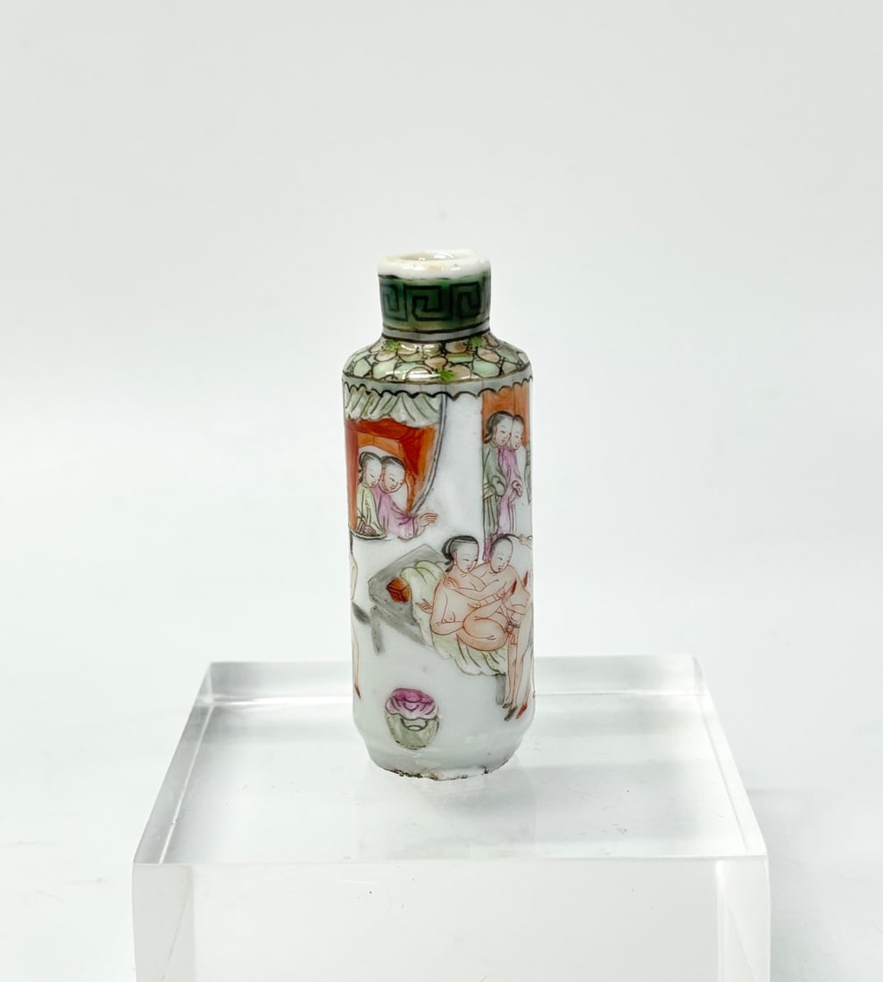 Rare Chinese 19 C Erotic Porcelain Snuff Bottle: *To Be Sold Without Reserve*; Rare Chinese 19th Century Erotic Porcelain Snuff Bottle enameled with 2 detailed scenes of an aroused nude Gentleman enjoying several Women wearing only tiny Lotus Shoes 