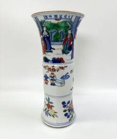Chinese 19th C Wucai Enamel Porcelain Gu Vase