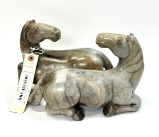 Lg Chinese 18/19 C Gray Jade Double Seated Horses