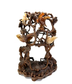 Chinese Carved Hard Wood & Agate Entwined Prunus