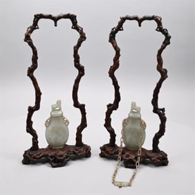 Pr Chinese 18th C Pale Celadon Jade Urns & Stands