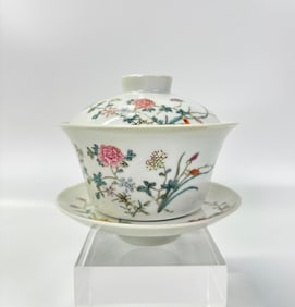 Chinese Enameled Porcelain Cover Cup & Stand