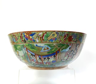 Chinese 19C Rose Mandarin Celadon Porcelain Bowl