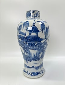 Chinese 19th C Blue & White Porcelain Figural Jar