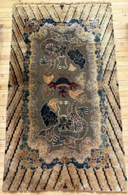 Rare Chinese 18th C Silk & Gold Dragon Carpet