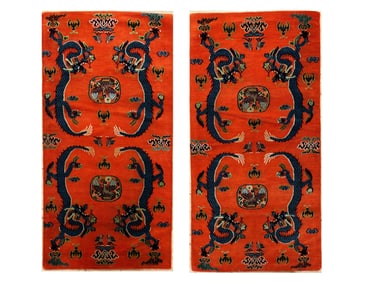 Pair Tibetan Ceremonial Dragon Wool Carpets