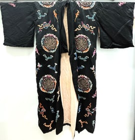 Japanese Embroidered Black Silk Shou Robe