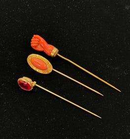 3 Antique Yellow Gold Stick Pins; 2 Coral