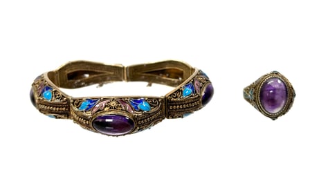 Chinese 3 Amethyst Bracelet; Adjustable Ring