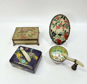 Chinese Jade & Stone Decorated Mirror 2 Boxes Cup