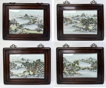 4 Chinese 18C Enameled 4 Seasons Porcelain Plaques