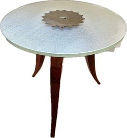French 1930 Art Deco Round Glass Top Wood Sm Table