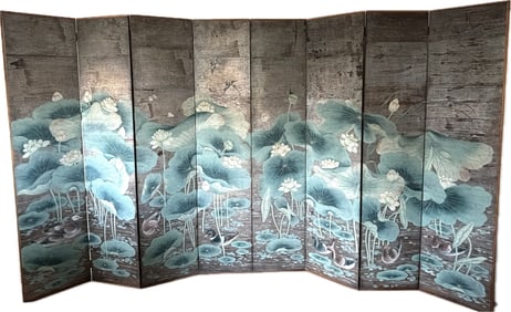 Chinese 8 Panel Lotus Pond Folding Screen
