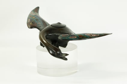 Chinese 19 C Bronze Cloisonne Flying Crane Censer