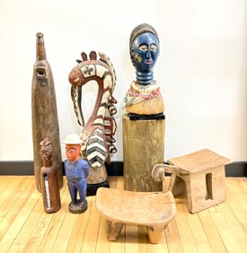 7 Vintage Africa Wood Sculptures; 1 Log Stand