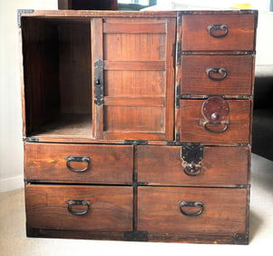 Japanese 7 Drawer & Cupboard Wood Tansu Chest