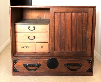 Japanese Wood Tansu Chest 5 Drawer 2 Sliding Panel