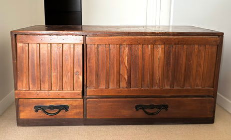 Japanese Low Tansu Wood Chest 2 Panels & 2 Drawers