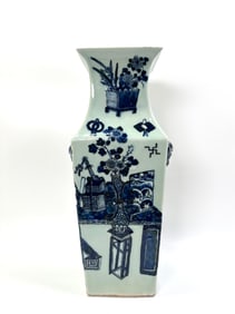 Chinese 19th C Blue & White Celadon Porcelain Vase