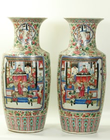 Lg Pr Chinese 19C Warrior Enameled Porcelain Vases