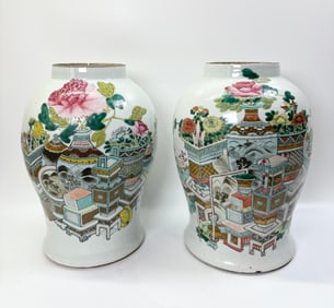 Pr Chinese 19th C Enameled Porcelain Temple Jars