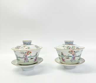 Pr Chinese Enameled Porcelain Teacup Cover & Stand