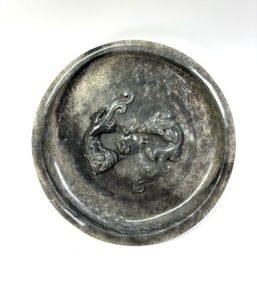Chinese 18/19th C Gray Jade Double Chilong Plate