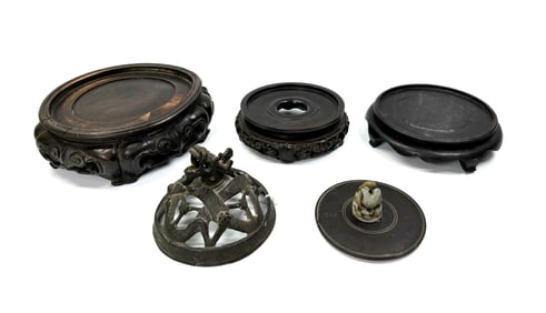 3 Chinese Round Wood Stands Cover w Jade, Bronze
