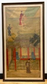 Chinese Ming Painting Silk; Figures at Palace