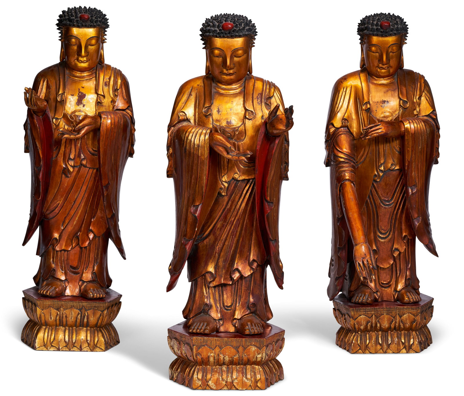 Elton John Christie's 3 Lg Gold Lacquer Buddhas: Sir Elton John Collection, Christie's New York: 3 Large Chinese Qing Dynasty Gold Lacquer over carved wood standing Buddhas, each with pairs of removable carved hands in various "Mudras" in matching g