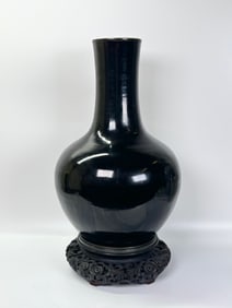 Lg Chinese 19th C Black Porcelain Tianqiuping Vase