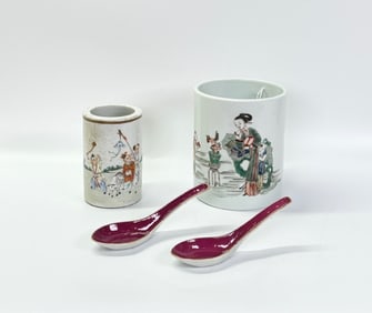 2 Chinese Enameled Porcelain Brush Pots, 2 Spoons