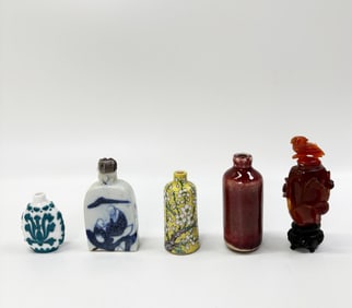 Chinese Snuff Bottles; 4 Porcelain 1 Carnelian