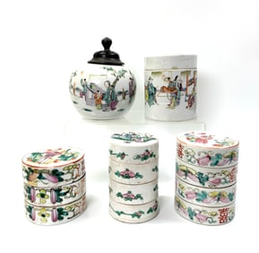 5 Chinese Qing Porcelains; 3 Stacking Boxes 2 Jars