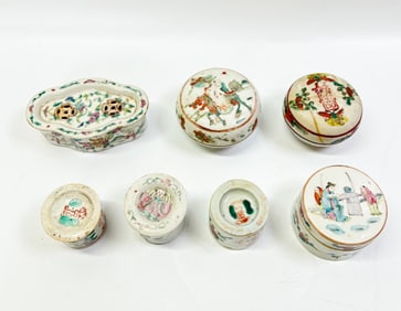 7 Chinese Qing Porcelains; 6 Covered Jars 1 Drain