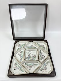 Chinese 9 Enamel Porcelain Dish Set Hard Wood Box