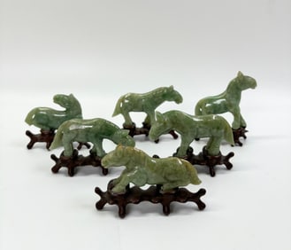 6 Chinese Carved Green Jadeite Horses Wood Stands