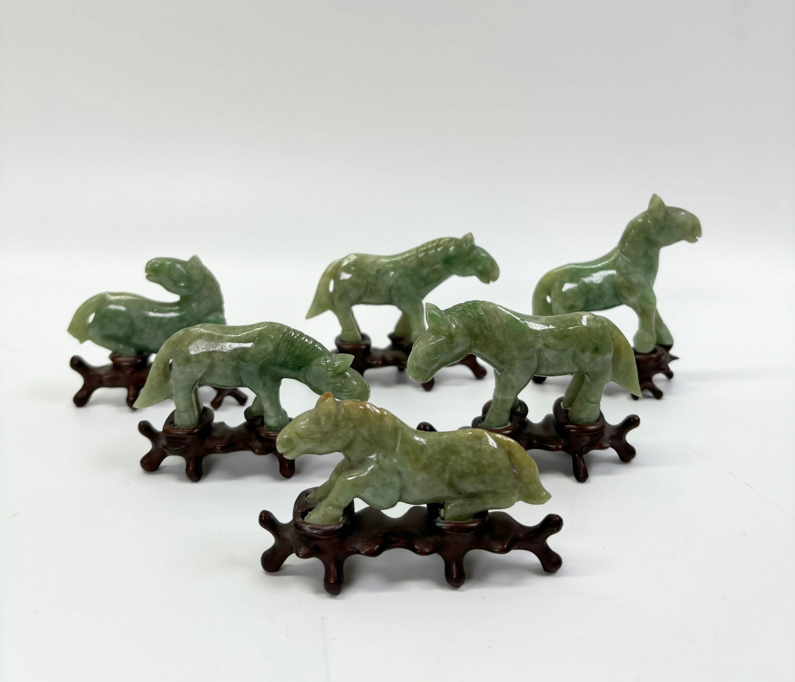 6 Chinese Carved Green Jadeite Horses Wood Stands (1 of 5)