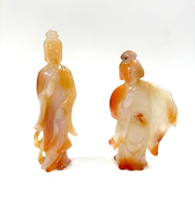 2 Chinese Qing White to Carnelian Agate Figures