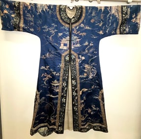 Chinese 19th C Blue Satin Embroidered Coat