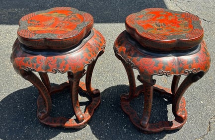 Pair Chinese 19th C Lacquer 5 Leg Low Tables