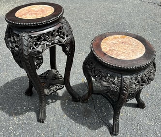 Two Chinese Marble Inlaid Hardwood Stands