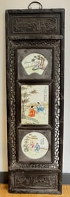 3 Chinese Porcelain Plaques & Vertical Wood Frame